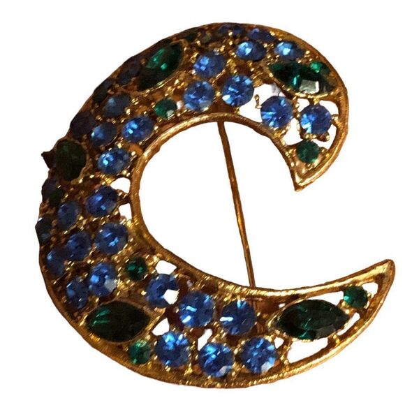 Vintage Swirl Marquise Goldtone Emerald Green and Blue Brooch Pin EUC - Picture 2 of 4